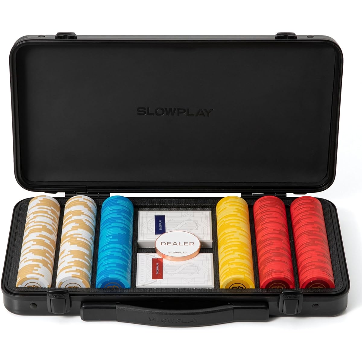 SLOWPLAY Godel 14g Texas Hold'em Clay Poker Chip Set, 300 Pieces (Unbranded) Includes German Heavy Duty Polycarbonate Chip Case, Perfect Gift for Poker Enthusiasts