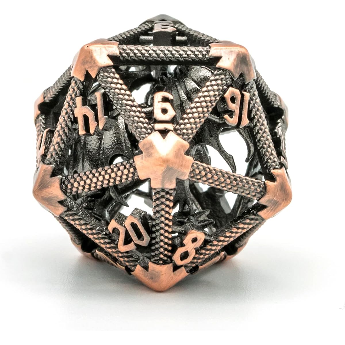 UDIXI 22mm D20 Metal Dice, Single D20 DND Dice, Hollow Dragon Design Polyhedral Dice for Dungeons and Dragons, Role Playing Game MTG Pathfinder (Ancient Copper)