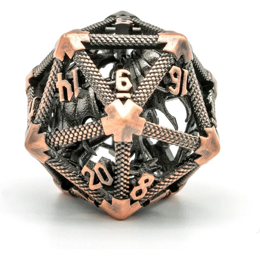 UDIXI 22mm D20 Metal Dice, Single D20 DND Dice, Hollow Dragon Design Polyhedral Dice for Dungeons and Dragons, Role Playing Game MTG Pathfinder (Ancient Copper)