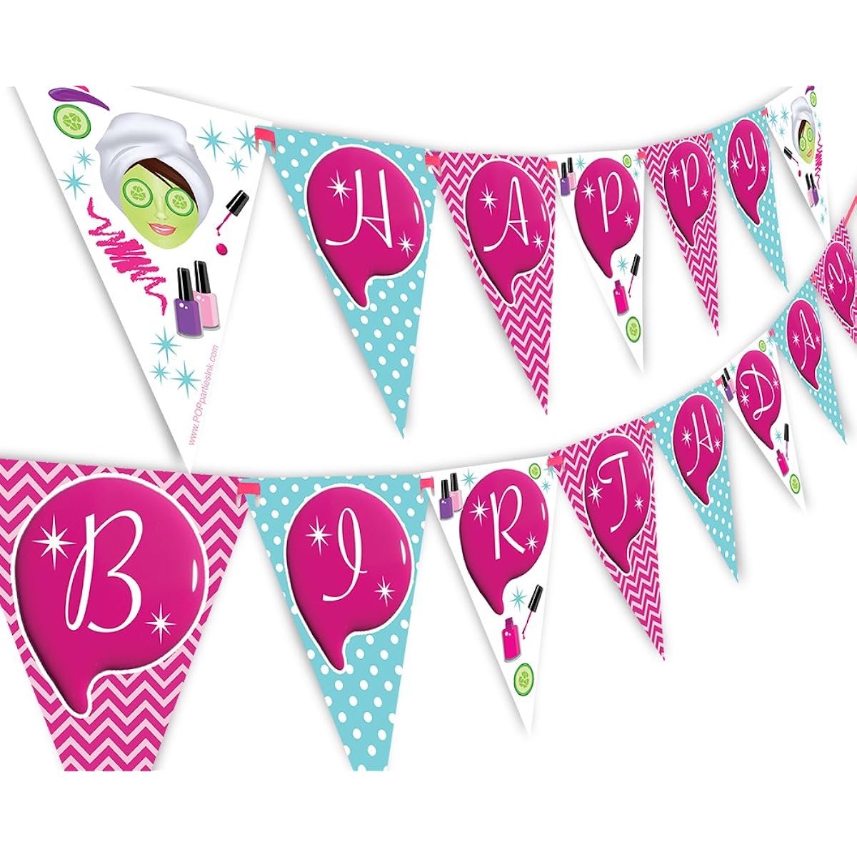 POP Party Spa Party Happy Birthday Banner Pennant Glamour Party Makeup Party Banner