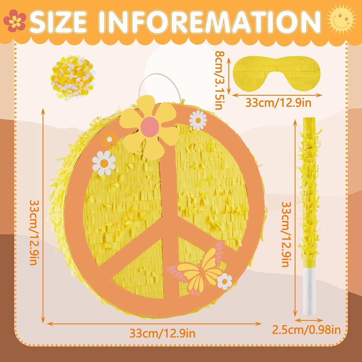 12.9" Groovy Retro Hippie Boho Pinata Hippie Boho Party Favors Peace Sign 2 Groovy Pinatas 60s 70s Hippie Party Pinata Hippie Boho Groovy Flowers Birthday Baby Shower Wedding