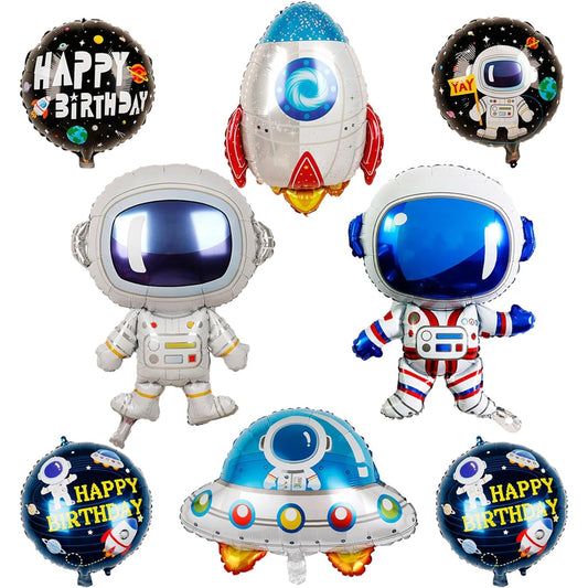 Astronaut Rocket Foil Balloons Large Alien Airship Mylar Outer Space Balloons Galaxy Earth Planet Space Theme Birthday Party Decorations Supplies - Pack of 8