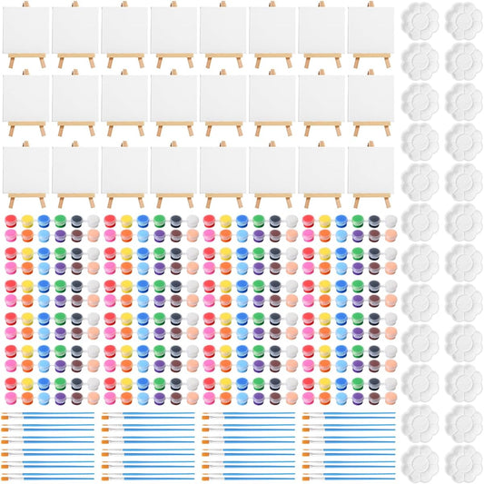 Qilery 48 Piece 4" x 4" Acrylic Paint Kit with Mini Canvas Panels, Wooden Easel, 12 Color Acrylic Paint Strips, Paint Brushes, Paint Palette, Paint Crafts for Kids, Birthday Party Favors