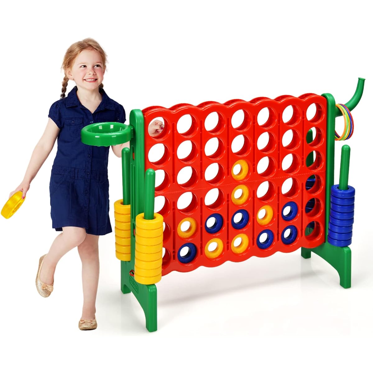 HONEY JOY Jumbo 4-Score Giant Game Set, 3-in-1 Indoor Outdoor Family Yard Game Set, Basketball Hoop & Ring Toss, 42 Jumbo Rings, Quick Release Riders, Huge 4"-A-Row for Kids & Adults (Green)