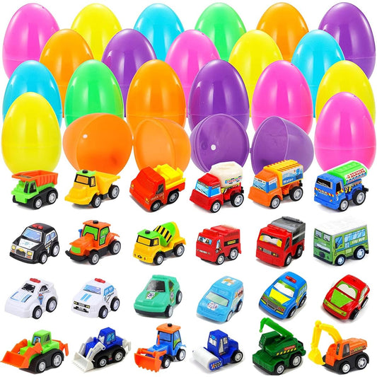 24 Easter Eggs with Pull Back Cars 3" Assorted Colorful Plastic Surprise Eggs, Easter Egg Fillers, Easter Basket Stuffers, Easter Hunt Party Favors, Classroom Giveaways, Chest Toys