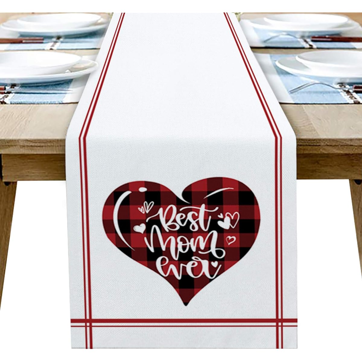 EZON-CH Burlap Table Runner Decorative Happy Mother's Day Best Mom Ever Heart Shaped Table Runner Rectangle Non-Slip Table Runner for Farmhouse Wedding Party Holiday Dinner Home 13x90inch