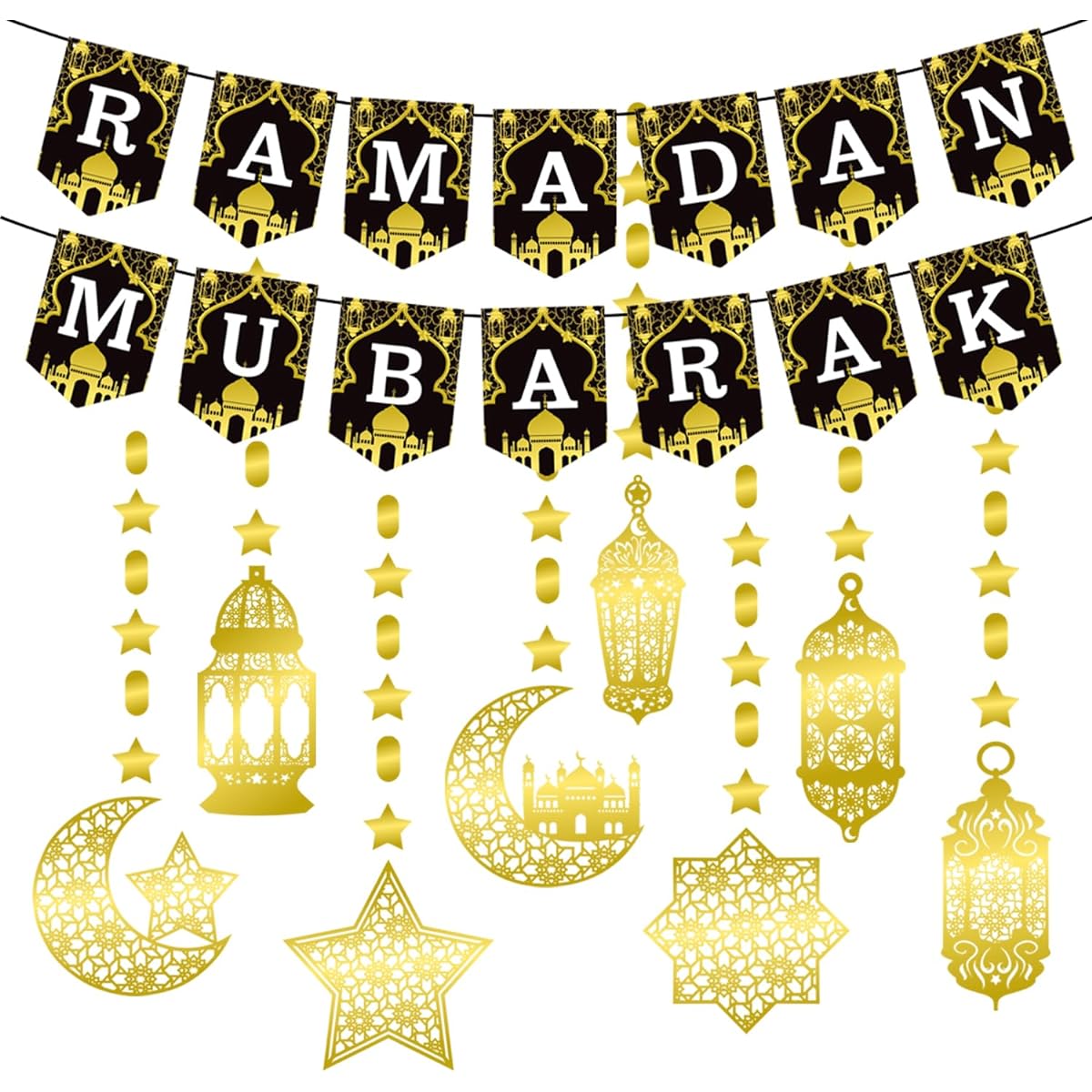 Ramadan Mubarak Eid Decoration Banner Ramadan Mubarak Garland Shining Gold Star Moon Lantern Hanging Streamers Ramadan Hanging Decorations Islamic Festival Party Supplies Ramadan Kareem Decorations