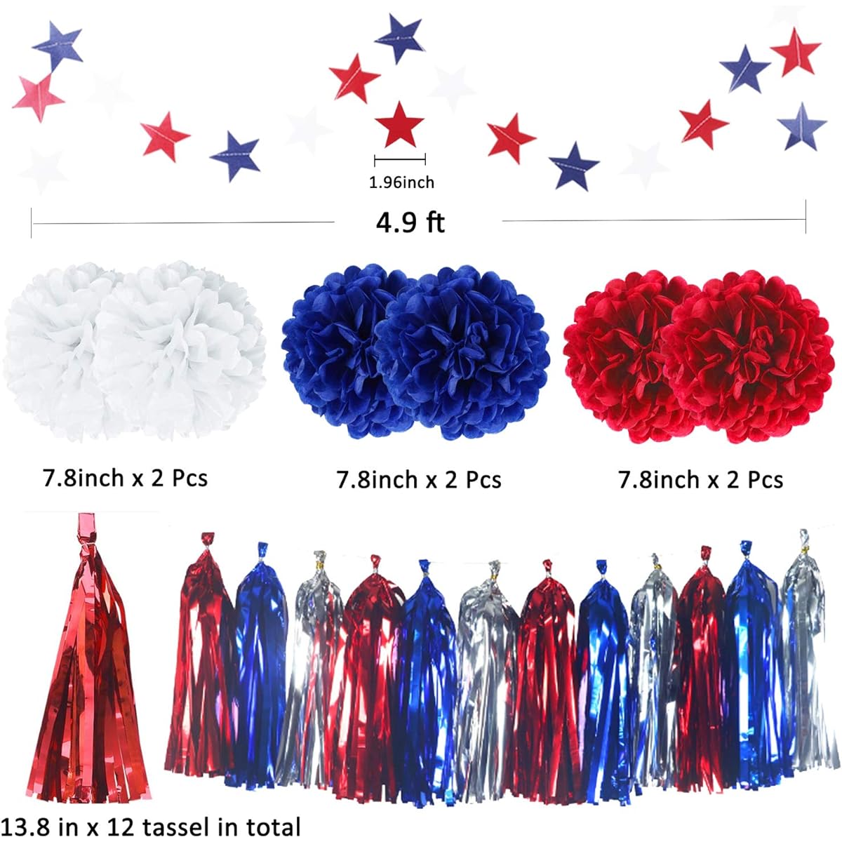 Cmaone 25pcs Patriotic Party Decorations Set Independence Day American Flag Party Supplies Hanging Paper Fans with Pom Poms Red White Blue Star Garland Tassel Garland String American Theme Party Decorations