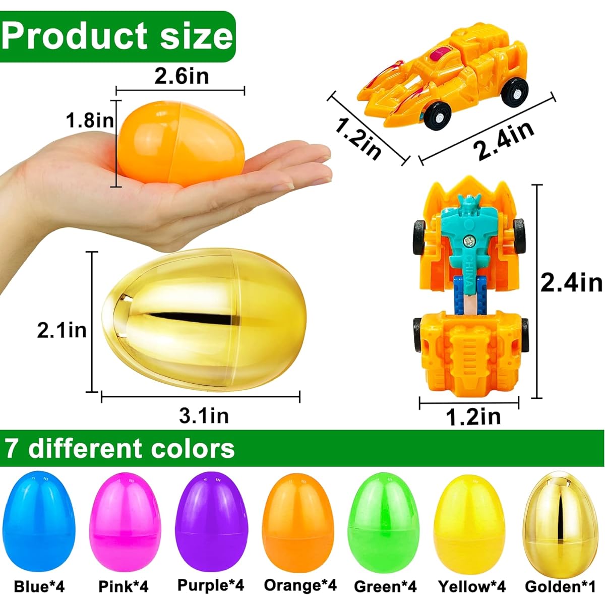 [1 Gold Egg] 24 Pack Easter Eggs Transforming Car Robot Toys 24 Easter Eggs + 24 Easter Eggs for Kids Easter Basket Stuffers Plastic Easter Eggs for Boys 24 Vehicles Easter Egg Hunt