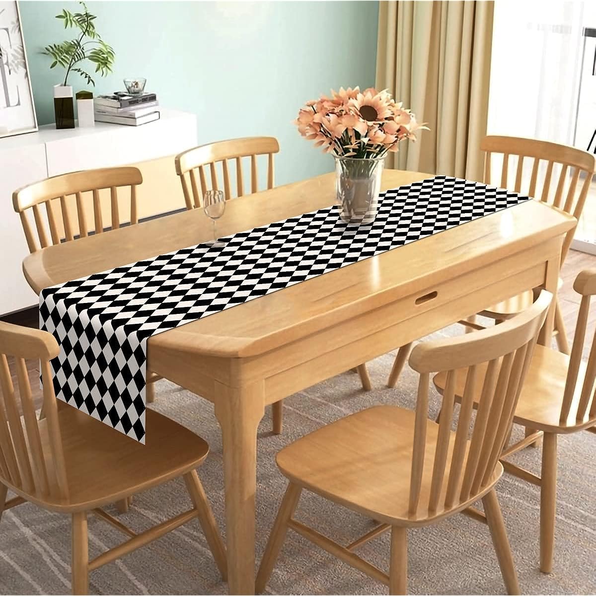 Nepnuser Linen Black White Diamond Lattice Table Runner Tea Theme Party Decorations Picnic Holiday Check Buffalo Plaid Table Cover for Kitchen Dining Room (13" x 36")