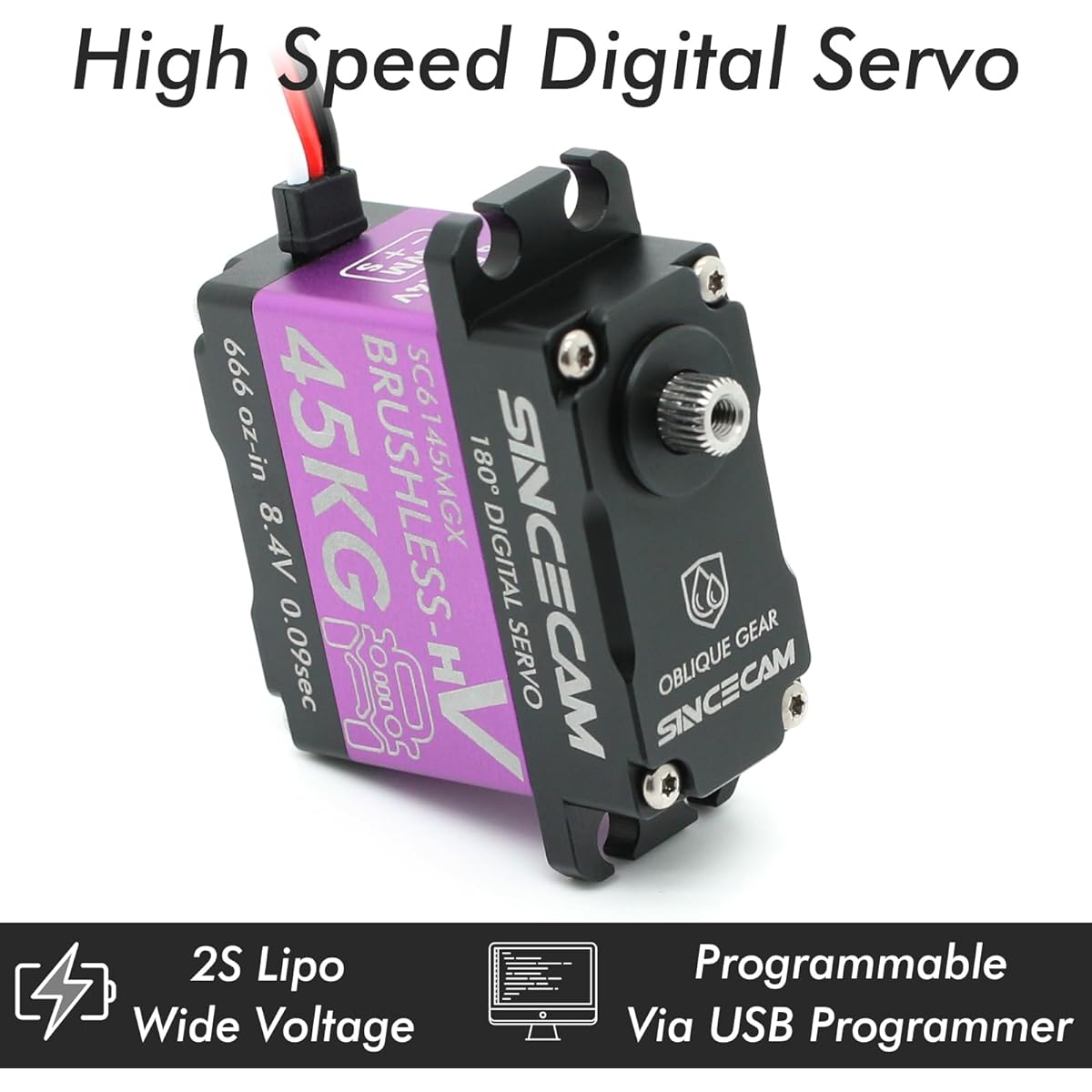 Sincecam 45kg Coreless Steering Servo High Torque Digitally Programmable 180° High Speed Waterproof Servo Aluminum Case Reinforced Steel Diagonal Gear Perfect for 1/8 1/10 1/12 RC Car Robot
