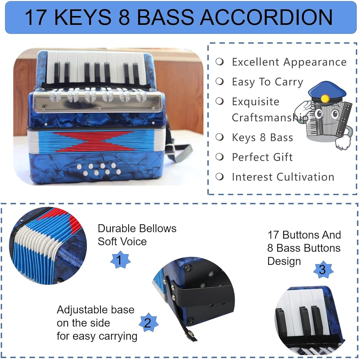 Accordion 17 Keys 8 Bass Accordion Musical Instrument Accordion Instrument Accordion Adjustable Strap Soft Sound Educational Instrument Portable Music Beginner Lover