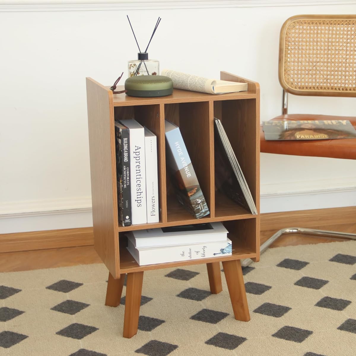 AWASEN Record Player Stand with Vinyl Storage Turntable Stand with Record Storage Vinyl Record Table Holds Up to 100 Albums 3 Tier End Table with Wooden Legs for Living Room Bedroom Office (Brown)