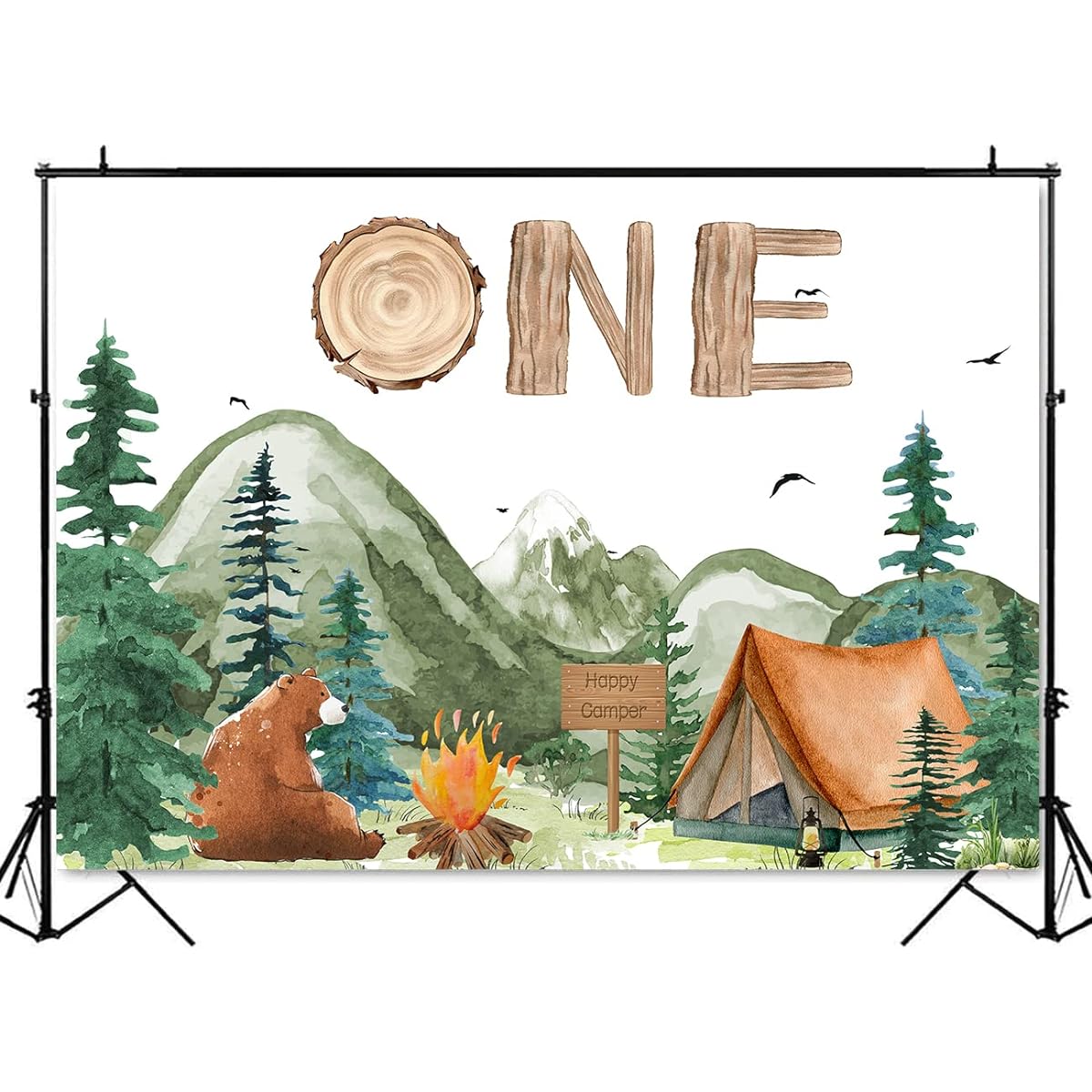 ANSHUHAI Forest Camping Birthday Backdrop Happy Camper Birthday Decorations Boys Adventure 1st Birthday Party Photo Background Tent Campfire Camping Theme Party Banner(7x5ft)
