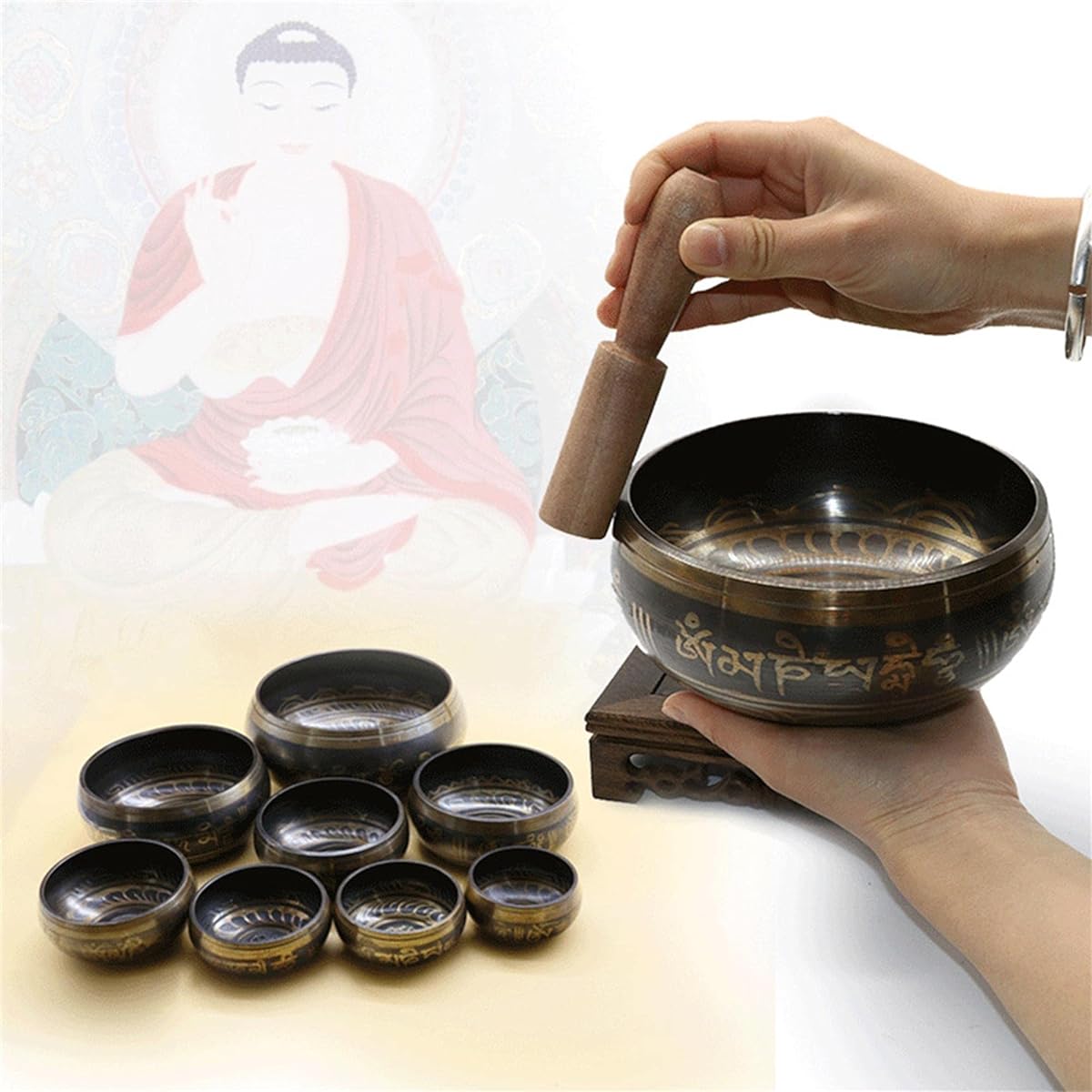 Tibetan Singing Bowl with Wooden Stick and Cushion, Resonant Sound, Easy to Play Buddhist Tibetan Bowl Set for Yoga, Meditation, Chakra Therapy, etc. /69 (Color: Blue, Size: 8.5cm)