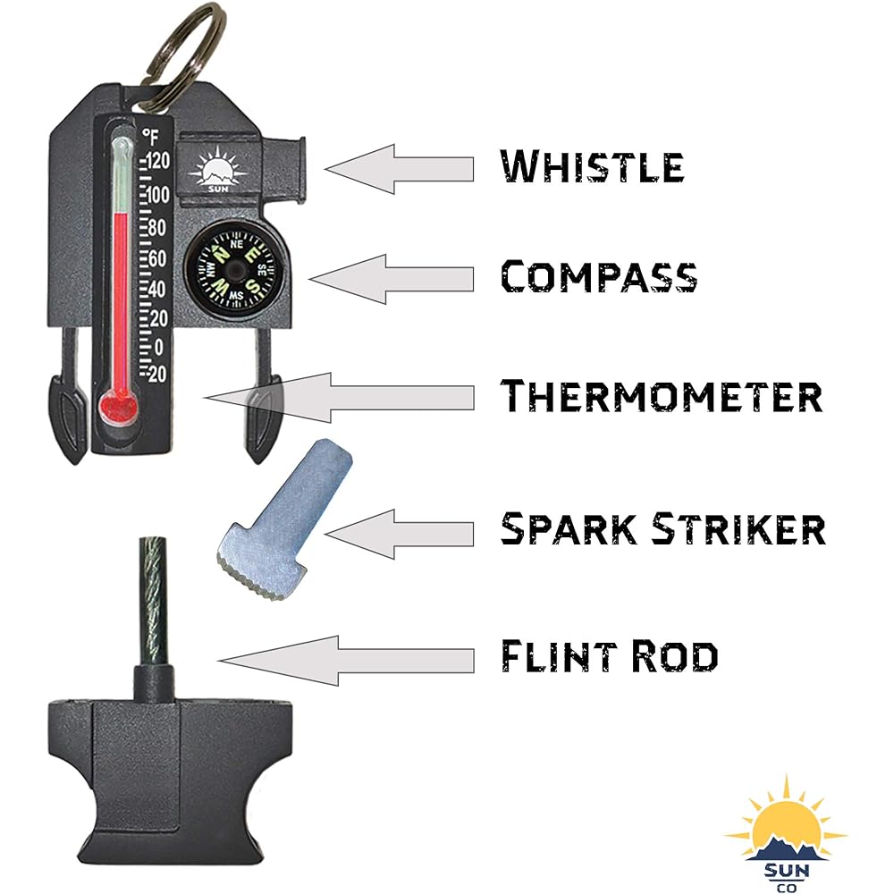 Sun Company Outsider - 4-in-1 Survival Multi-Tool | Compass, Thermometer, Whistle, and Fire Starter All in a Compact Zipper Pull Black