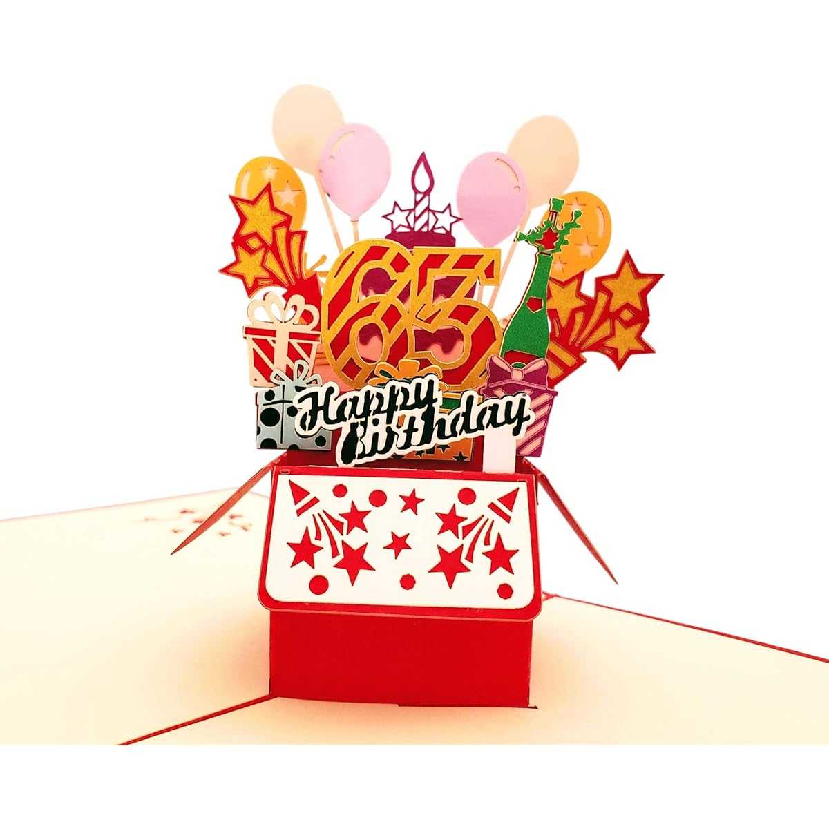 iGifts And Cards Happy 65th Red Birthday Party Box 3D Pop Up Greeting Card - Sixty-Five, Awesome, Balloon, Unique, Celebration, Feliz Camprinho, Fun