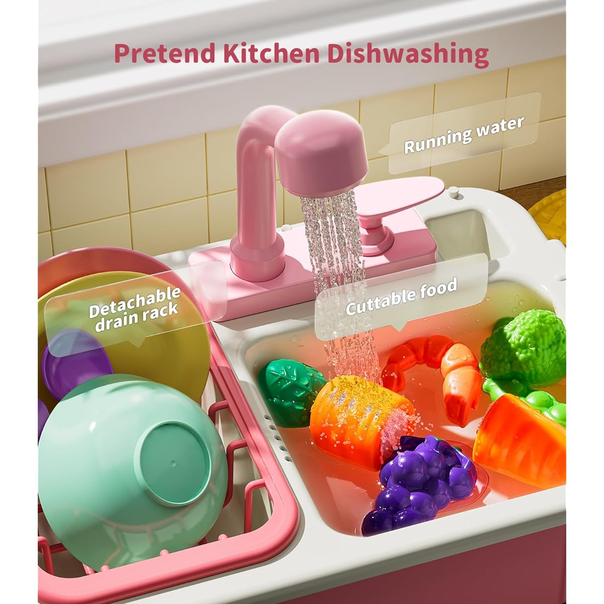 Geyiie Play Sink with Running Water, Kitchen Sink Toy for Toddlers with Real Faucet, 30 Pieces Food and Dish Play Racks, Pretend Dishwasher Toy Accessories, Learning Gift for Girls and Boys
