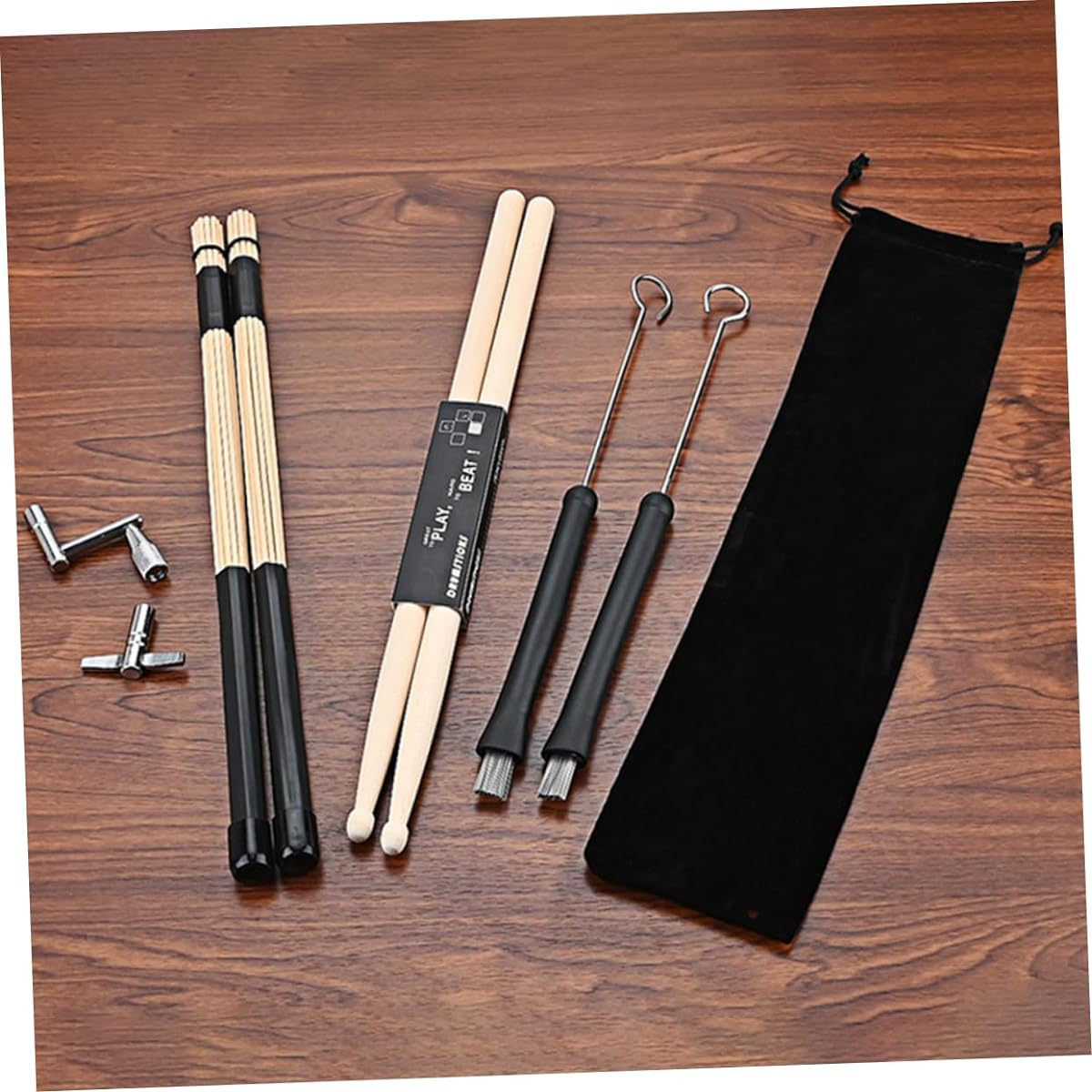 Vaguelly Set of 4 Drumsticks, Drum Brushes, Percussion Sticks, Jazz Brushes, Percussion Drum Tools, Drumstick Brushes, Drum Tuning Keys, Drum Keys, Drum Cleaning Tools