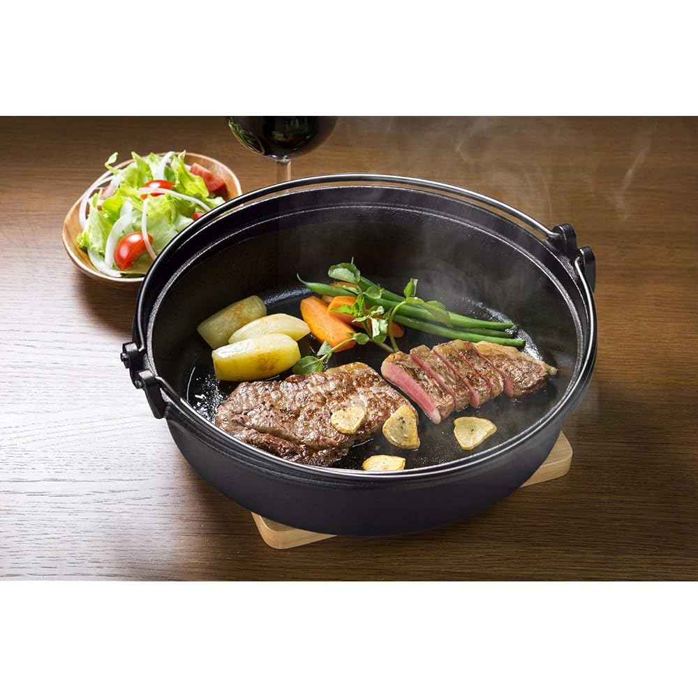 Ishigaki Sukiyaki Pot with Wooden Lid, Gas Fire, IH, Cast Iron, Approximately Width 29 x Depth 27.5 x Height 8.5cm, 6 pieces