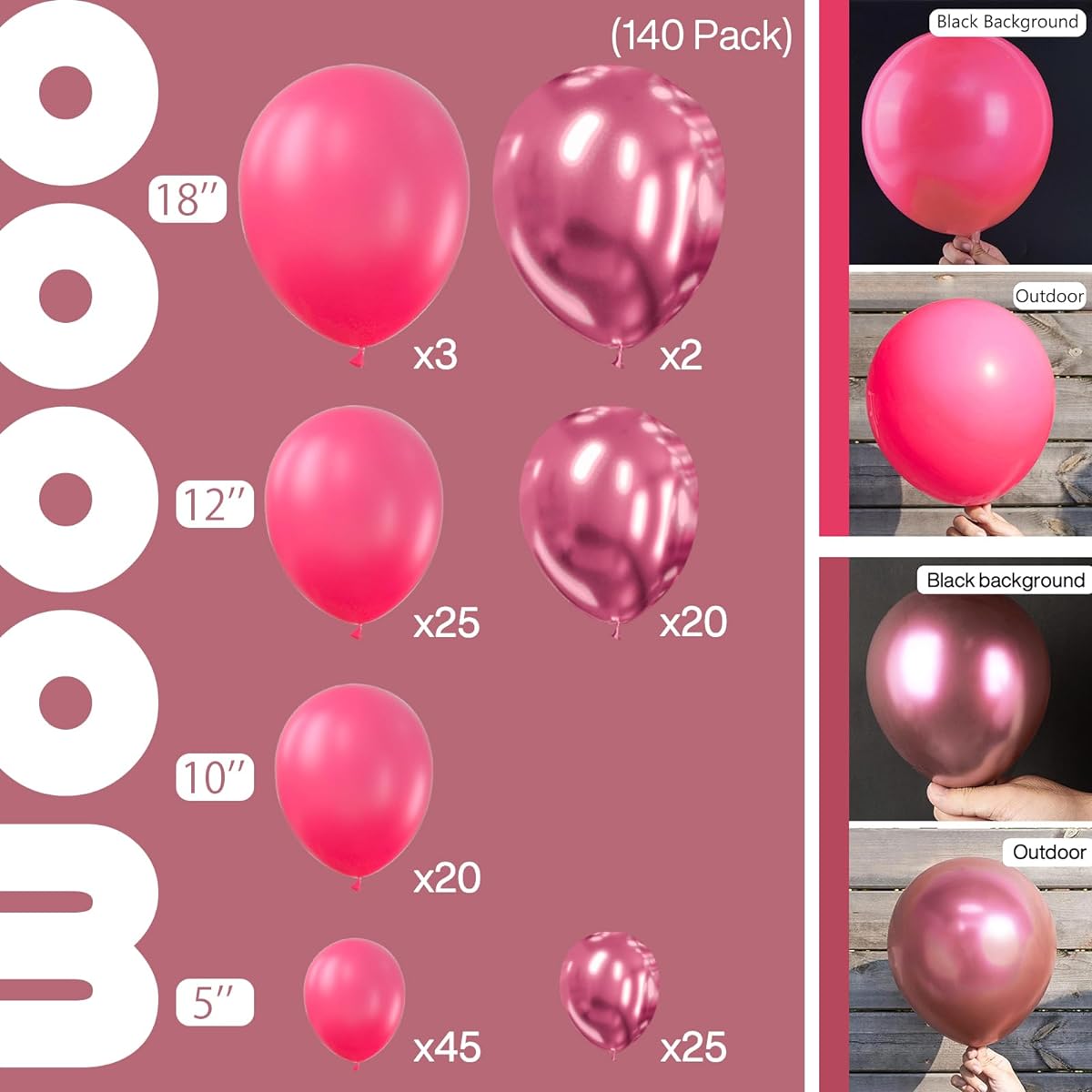 PartyWoo Magenta Balloons 140pcs Magenta and Metallic Dark Pink Balloons Different Size Pack 18" 12" 10" 5" Balloon Garland for Arch Birthday Decoration Party Decorations