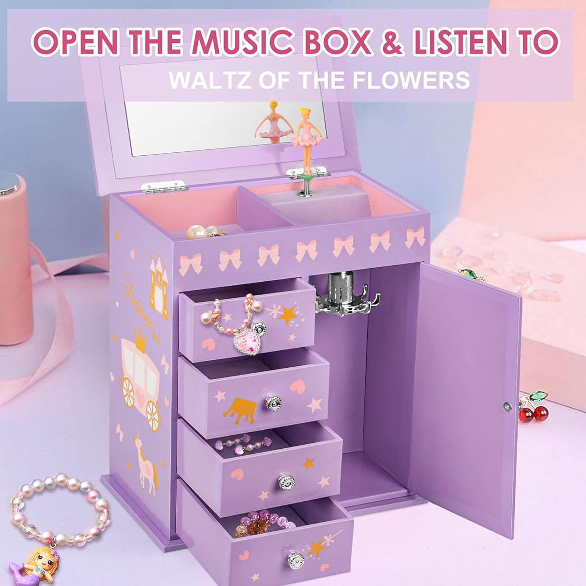 efubaby Upgraded Jewelry Box for Girls, 5 Layer Swing Door Spinning Ballerina Unicorn & Castle Design Unicorn Jewelry Set with Kids Jewelry Box for Little Girls Birthday Christmas Gift Purple