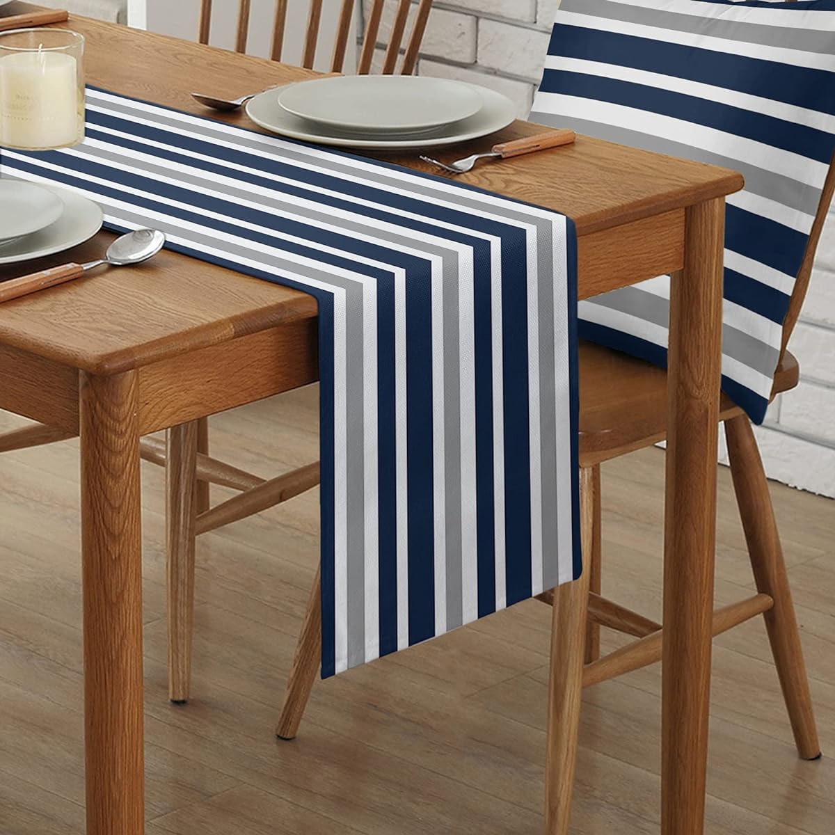T&H XHome Dining Table Runner Dresser Scarf Linen Burlap Fabric Irregular Stripes Blue White Gray Washable Table Runner 120 Inch Length Farmhouse Home Kitchen Wedding Party Decor