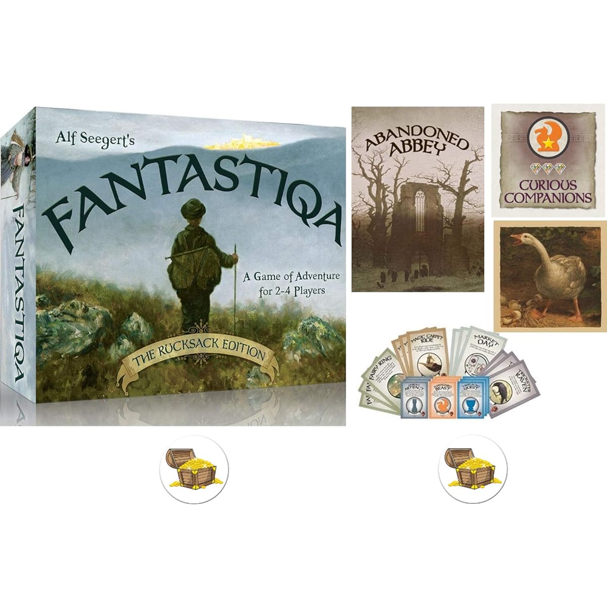 Fantastiqa Backpack Base Game with 4 Expansions and 2 Treasure Chest Buttons