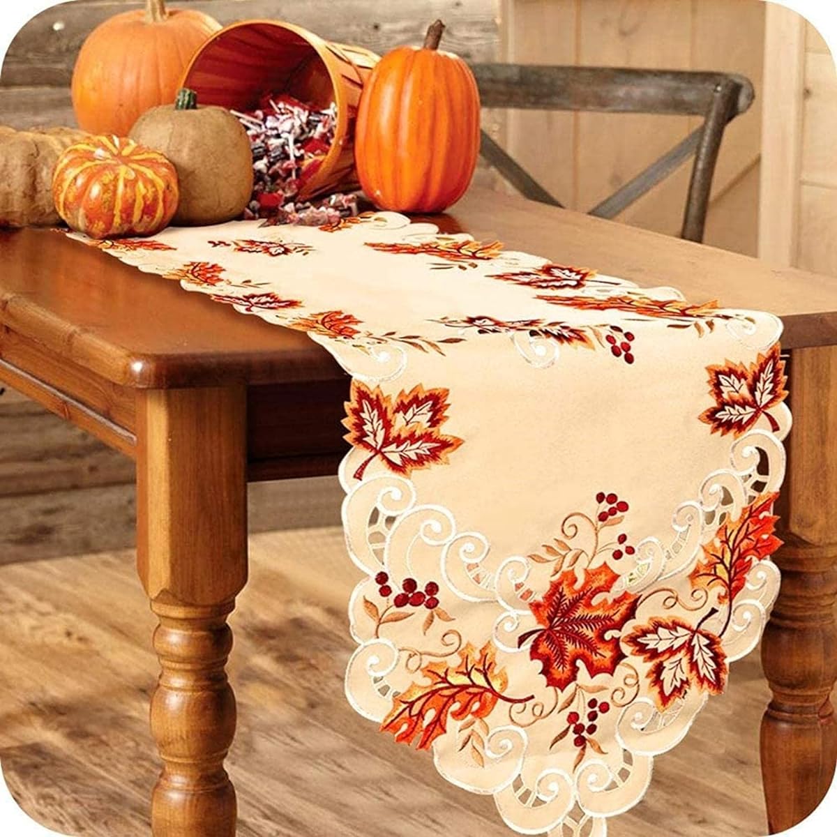 OurWarm 15" x 67" Embroidered Maple Leaf Table Runner Handmade Table Cover Fall Thanksgiving Party Decorations