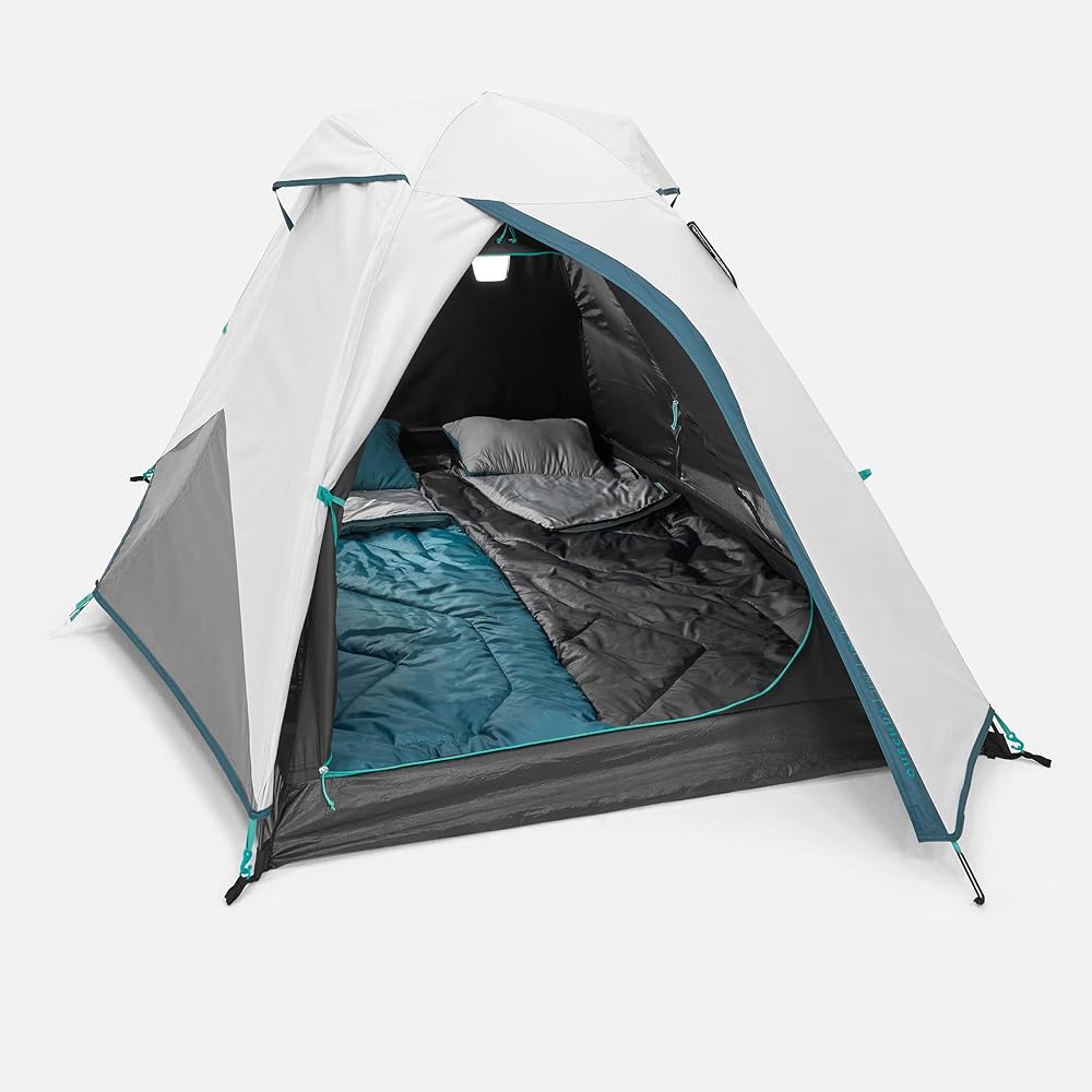 QUECHUA Decathlon Camping/Climbing/Hiking Tent Light blocking, heat blocking, waterproof, wind resistant, compact, easy to set up, easy to carry MH100 FRESH & BLACK - For 2 people [One-touch easy set up, solo, family, outdoor, water pressure resistant, d