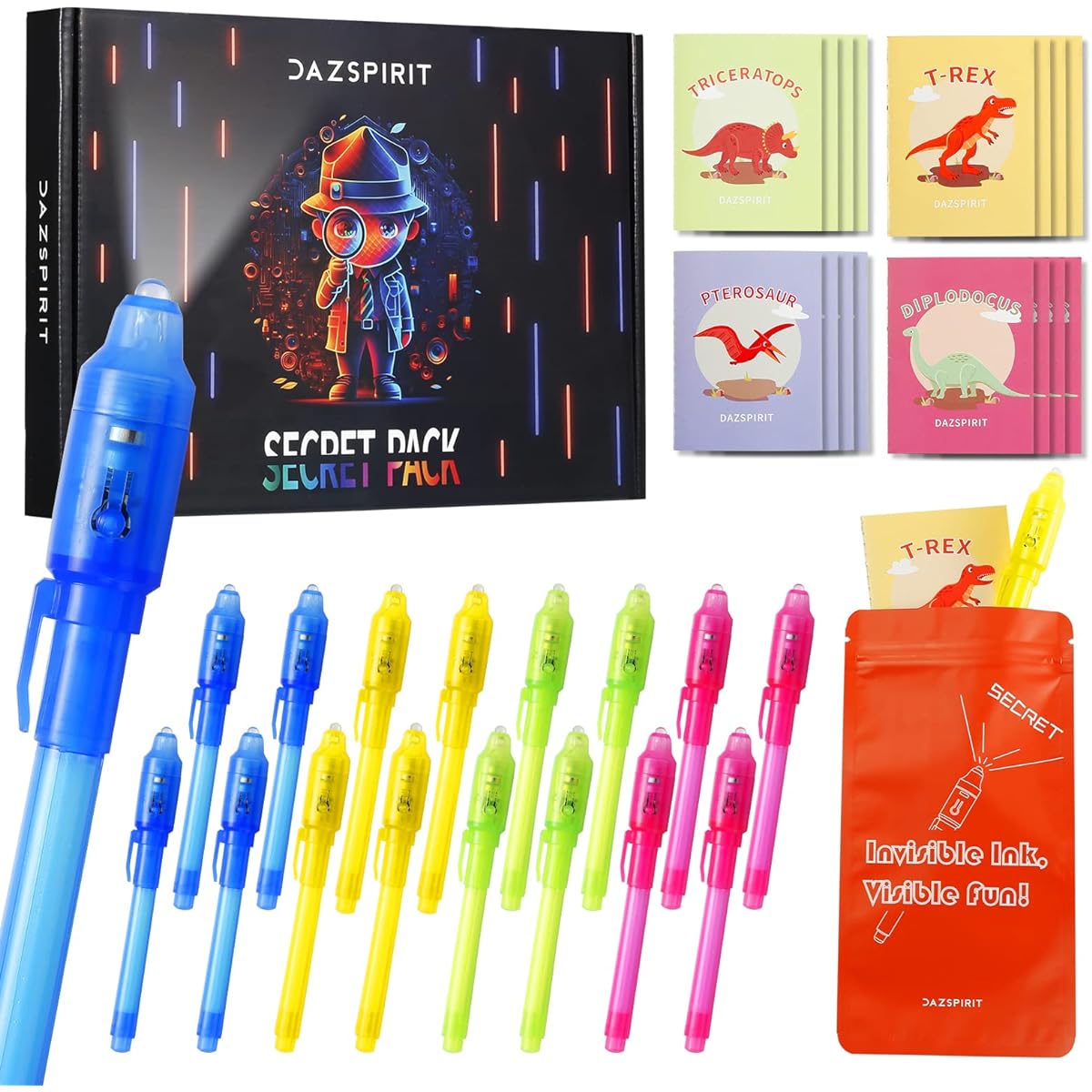 DazSpirit Invisible Ink Pens Party Bag Fillers for Boys and Girls Magic Pen Disappearing Ink Pen Set (Dinosaur Style 16 Pieces)