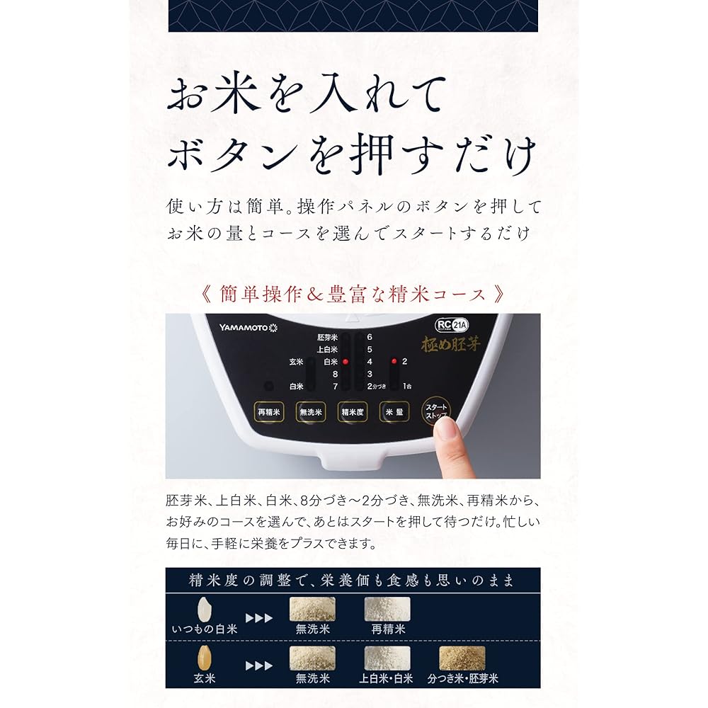 Yamamoto Electric Home Rice Milling Machine, Extreme Germ YE-RC21A-WH, White Separates into white rice, germ, and bran while milling.