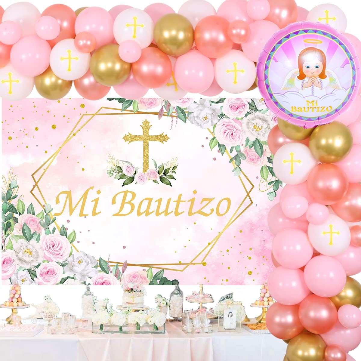 Mi Bautizo Party Decorations Pink White Balloon Garland Kit for Girls Mi Bautizo with Backdrop First Communion Confirmation Baptism Party Decorations for Bautizo Baby Shower Party