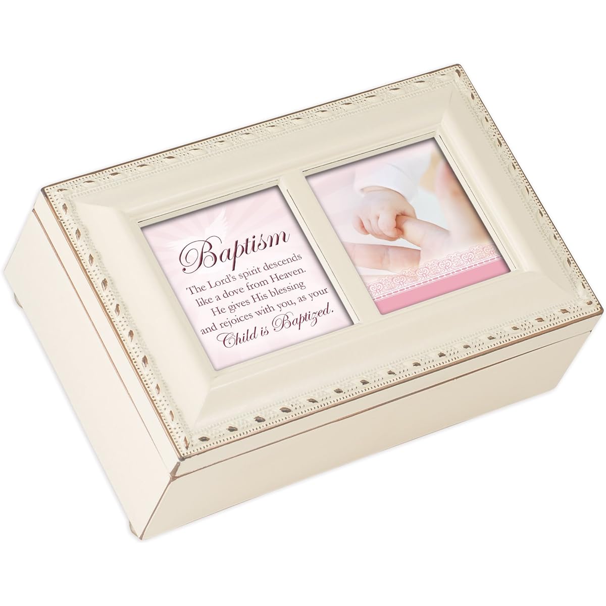 Child Baptized Baby Girl Small Ivory with Gold Trim Jewelry Music Box Plays Jesus Loves Me