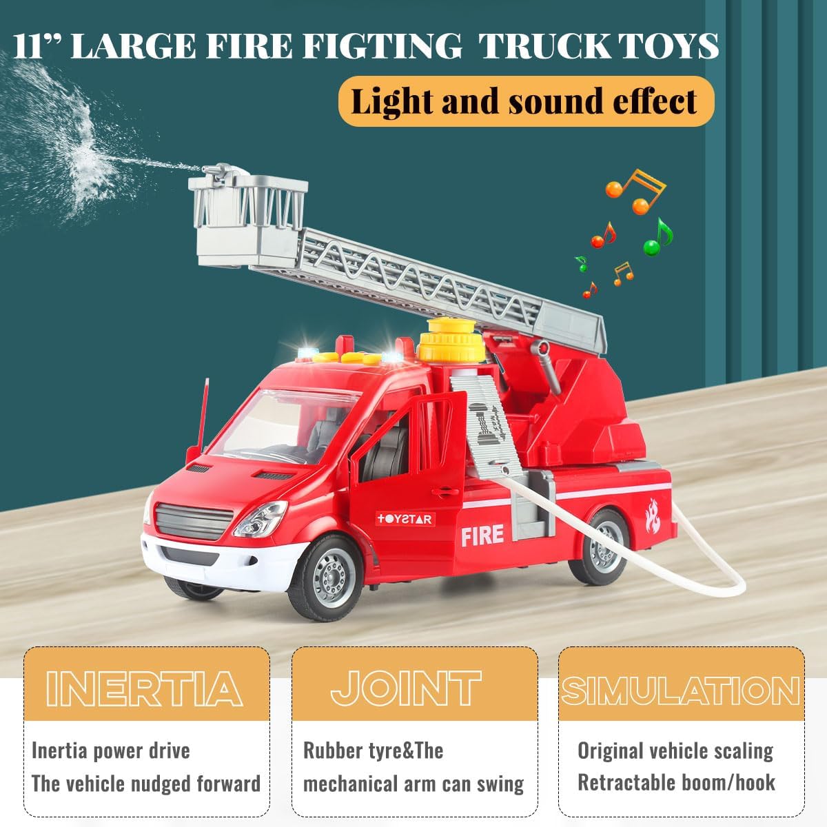 CSDCSD Fire Engine Toy with Water Hammer, Lights, Sounds and Extendable Ladder for Toddlers and Kids Ages 3-9 (Fire Engine)