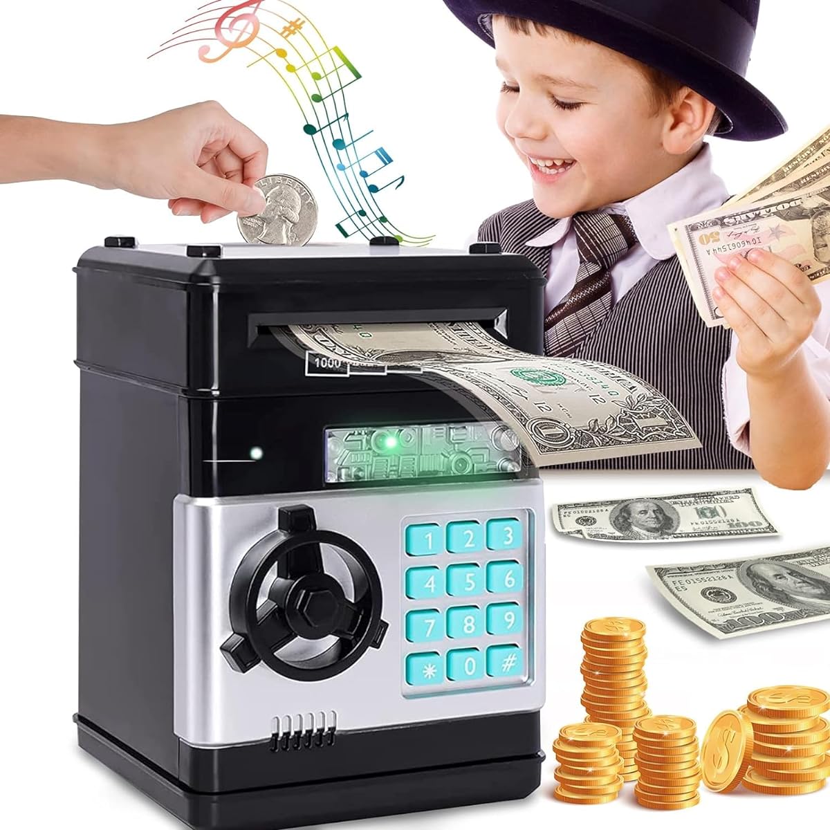 Piggy Bank Toys Kids Boys Girls Age 3-9 Years Old Electronic ATM Coin Bank with Secure Password Kids Safe Bank Toy Piggy Bank Christmas Birthday Gift for 4 5 6 7 8 9 Years Old Boys Girls - Black