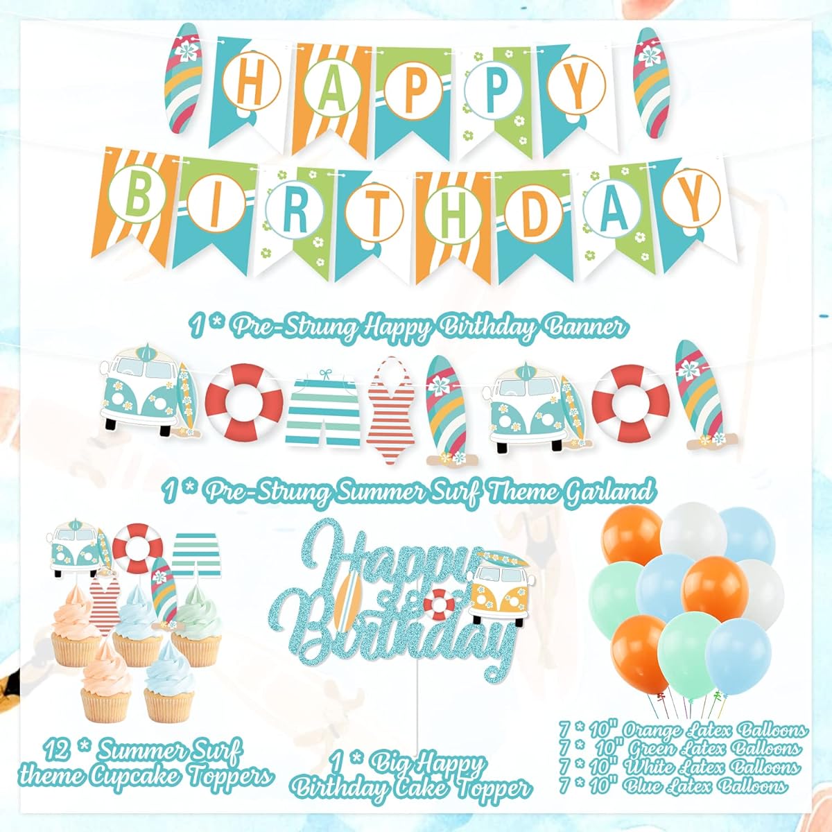 Summer Surfing Birthday Party Decorations Surfboard Banner Surfing Theme Cake Topper Balloons Summer Beach Birthday Decorations Surf Birthday Party Supplies Swimming Pool Hawaii Party Supplies