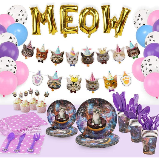 168pcs Cat Party Supplies Plates Cutlery Balloons Birthday Decorations Set Kitten Party Disposable Dinnerware Plates Napkins Cups Cutlery Cat Birthday Banner Cupcake - Serves 16