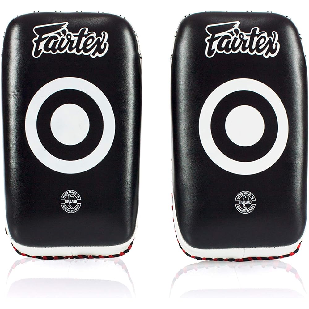 Fairtex Curved Thai Kick Pads are Paired in Size Standard, Extra Thick Color Black/White Kicking Pads for Muay Thai, Boxing, Kickboxing, MMA