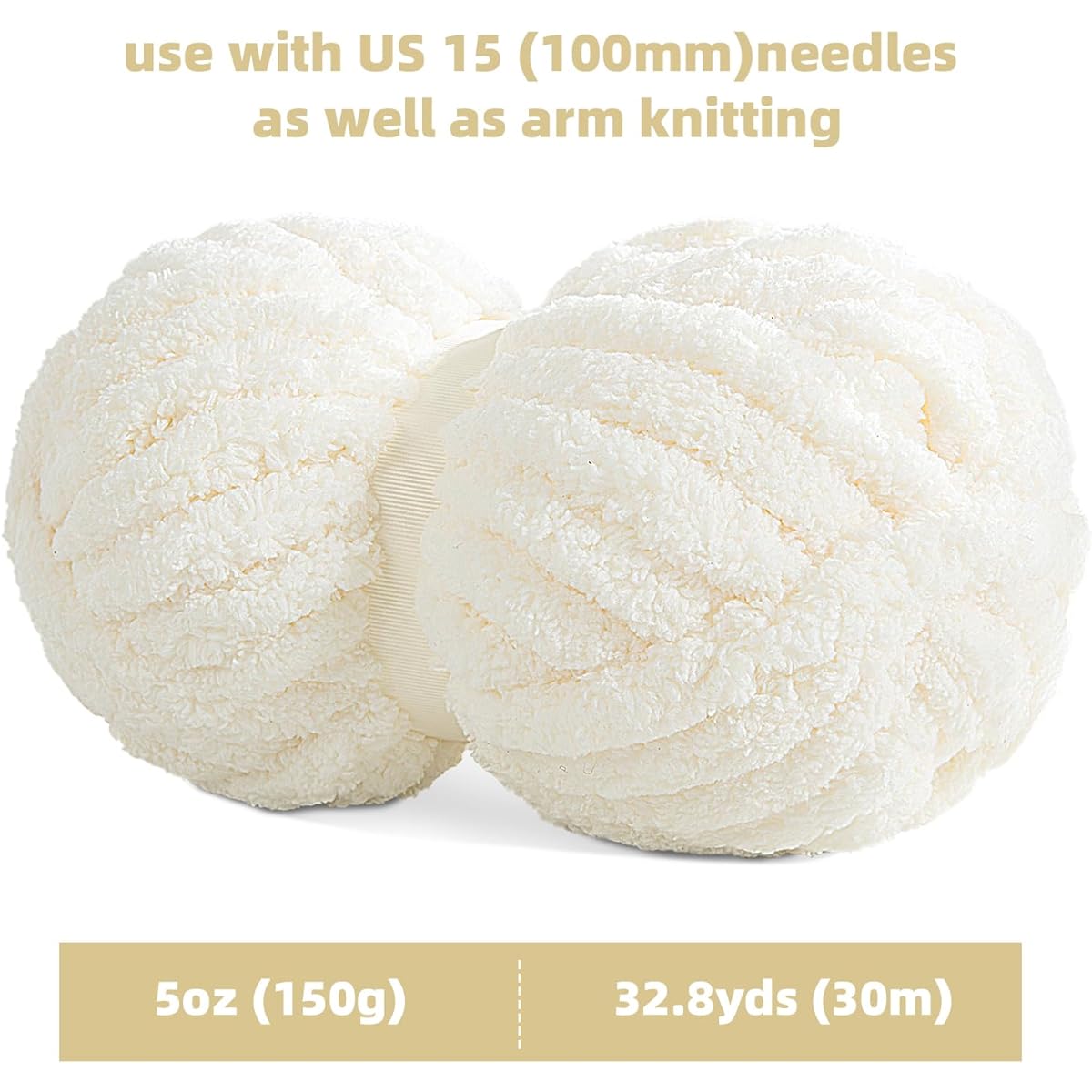 MABOZOO Super Bulky Chunky Chenille Yarn for Hand Knitting, Large Yarn for Chunky Blanket, Big Thick Arm Knitting Yarn, Fluffy Soft Plush Jumbo Yarn Crochet, Cream White 8 Pack