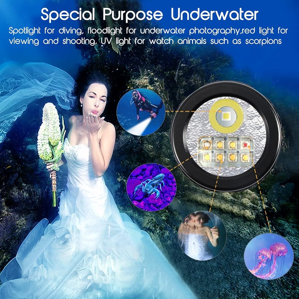 APLOS AP70 Diving Light 6000 Lumens Video Light 135 Degree Wide Beam Angle Underwater Flashlight UV/Red Light etc. 5 Lighting Modes