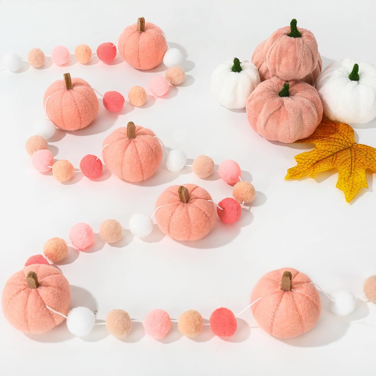 Whaline 8.2ft Fall Felt Pom Pom Banner Pink 3D Pumpkin Shape Felt Hanging Garland Colorful Pom Pom Balls Preassembled Banner Fall Thanksgiving Home Mantel Wall Window Decor Party Supplies