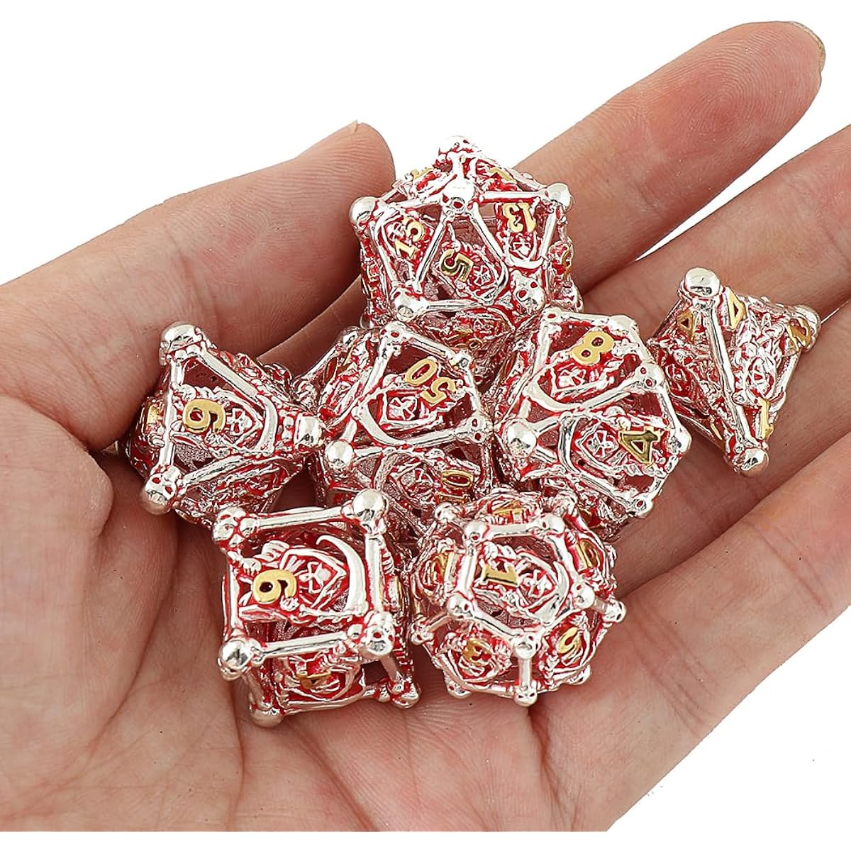 Metal Dice DND Set, 7 Playing Dice, Hollow Polyhedral Dice, Dungeons & Dragons, RPG, Explorer, Savage World, Table Game, Death Style Dice/FreeGifts Tray, Leather Dice Pouch Included