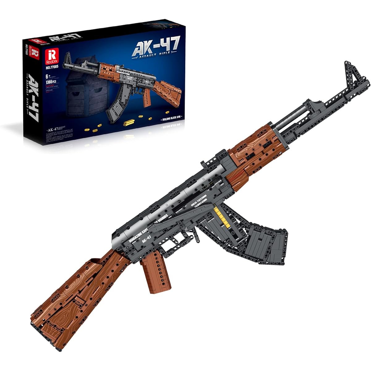 AmazingBlock Reobrix 77005 AK47 Model Building Kit, Assembly Toy with Shooting Function, DIY Gift Building Blocks Set for Boys and Adults, 1344 Pieces Building Blocks, Eye-catching Collectible Model