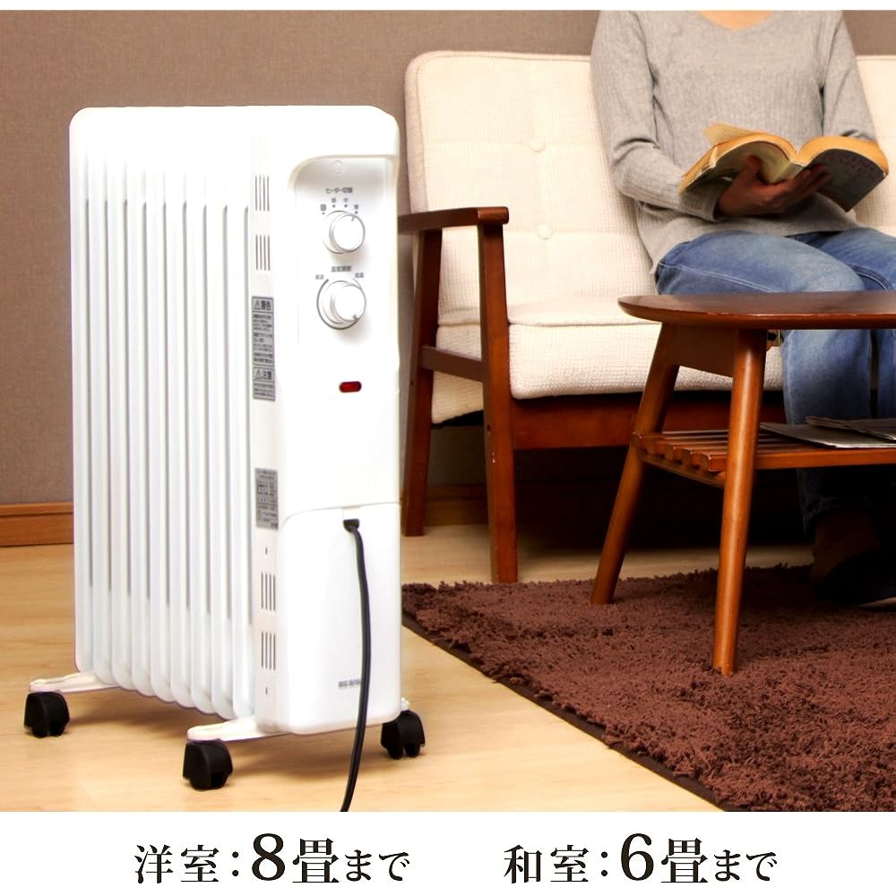 Iris Ohyama Heater Oil Heater 8 Tatami Wave Type 500W/700W/1200W Small Compact Temperature Adjustable Mechanical Cord Storage With Casters Feet Energy Saving Heating POH-1210KS-W White