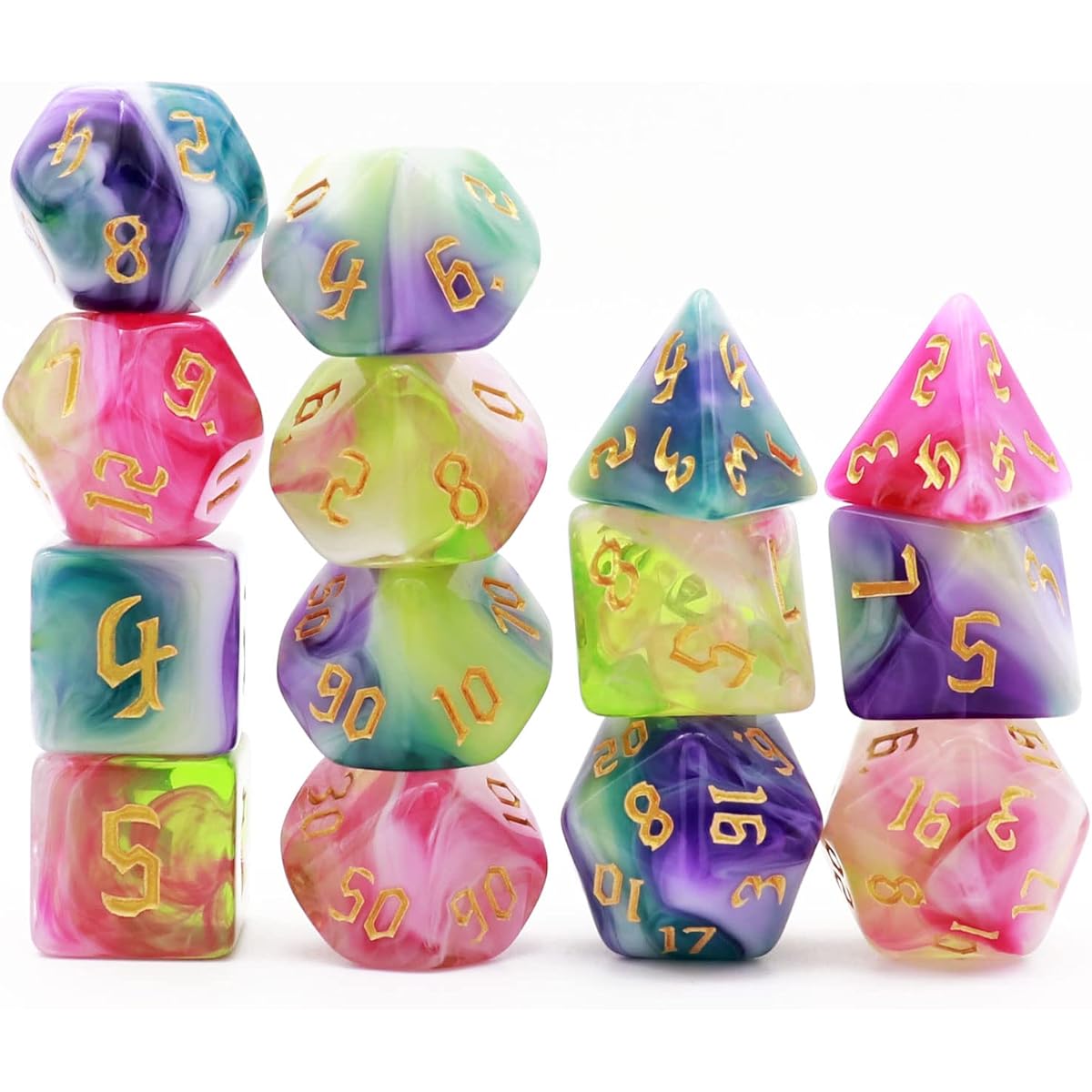 Haxtec 14PCS DND Dice Set Pink Green Purple White Blue Polyhedral RPG Dice for Dungeons and Dragons Gift