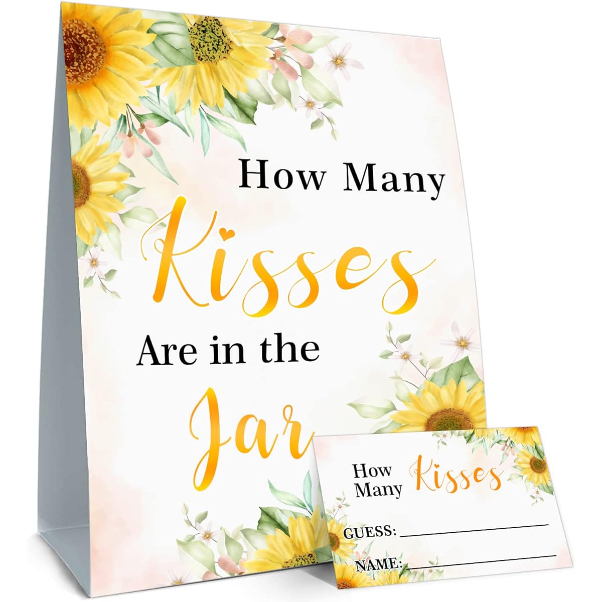 Sunflower How many kisses are in the Jar - Fun Party Game for Baby Shower, Bridal Shower, Birthday, Christmas, Graduation Season - Game Card Kit (1 Sign & 50 Cards)