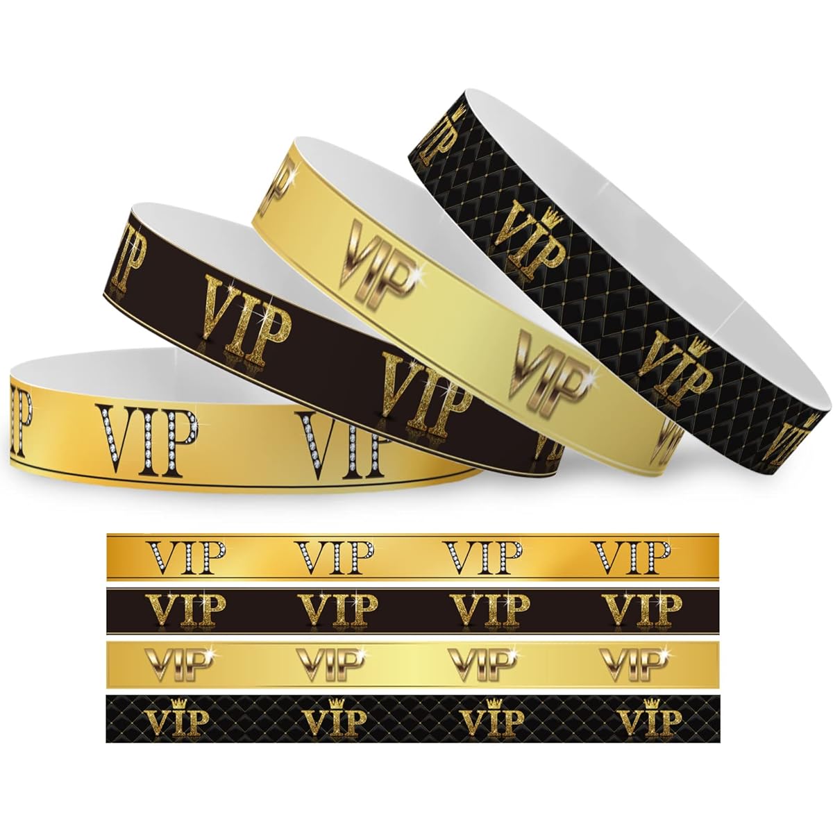 120 Pieces VIP Wristbands Paper Waterproof Gold Bracelets for Event Games VIP Party Decorations Favors for Girls and Boys, 4 Patterns