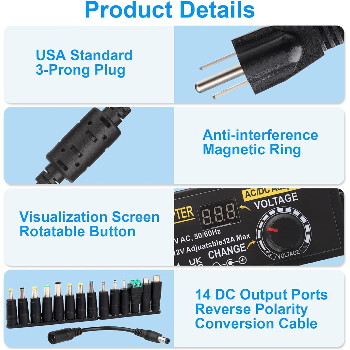 Auplf Adjustable Power Supply Adjustable 3V ~ 12V 12A 144W DC Power Supply AC 100V-240V 50/60Hz Universal Power Adapter AC-DC Power Adapter Converter Transformer with 14 Chips