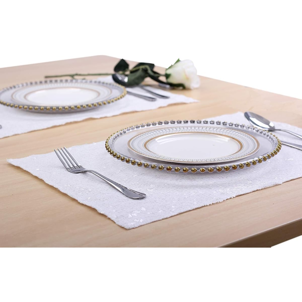 Party Delight Sequin Placemats Baby Shower Wedding Dining Room Table Mats Set of 4 Table Runner White